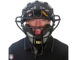 Wilson MLB Black Dyna-Lite Aluminum Umpire Mask With Black And Grey Wrap Around 12 Wilson MLB Black Dyna-Lite Aluminum Umpire Mask With Black And Grey Wrap Around -Umpattire A3009 AL BK GY Worn Front with Black Shirt