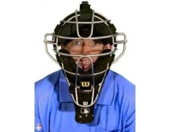 Wilson MLB 4" Umpire Throat Guard -Umpattire A3902 BK Wilson MLB 4 Umpire Throat Guard Worn Front View