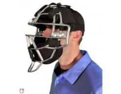 All-Star Silver Magnesium Umpire Mask With Black LUC 15 All-Star Silver Magnesium Umpire Mask With Black LUC -Umpattire FM4000MAG UMP SV BK All Star Magnesium Umpire Mask with Black LUC Worn Front Angled View