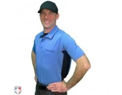 Smitty V2 Major League Replica Umpire Shirt - Sky Blue With Black -Umpattire S314 SB Smitty V2 Major League Replica Umpire Shirt Sky Blue with Black Worn Front Angled