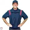 Smitty Traditional Half-Zip Short Sleeve Umpire Jacket - Navy And Red -Umpattire S324 N R W Smitty Traditonal Half Zip Short Sleeve Umpire Jacket Navy and Red Worn Front View 2