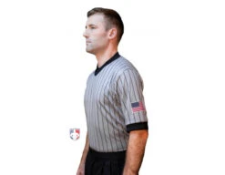 Smitty Dye Sublimated Grey V-Neck Referee Shirt With Black Pinstripes And USA FLAG 6 Smitty Dye Sublimated Grey V-Neck Referee Shirt With Black Pinstripes And USA FLAG -Umpattire USA205 Smitty Dye Sublimated Grey V Neck Referee Shirt with Black Pinstripes and USA FLAG Angled